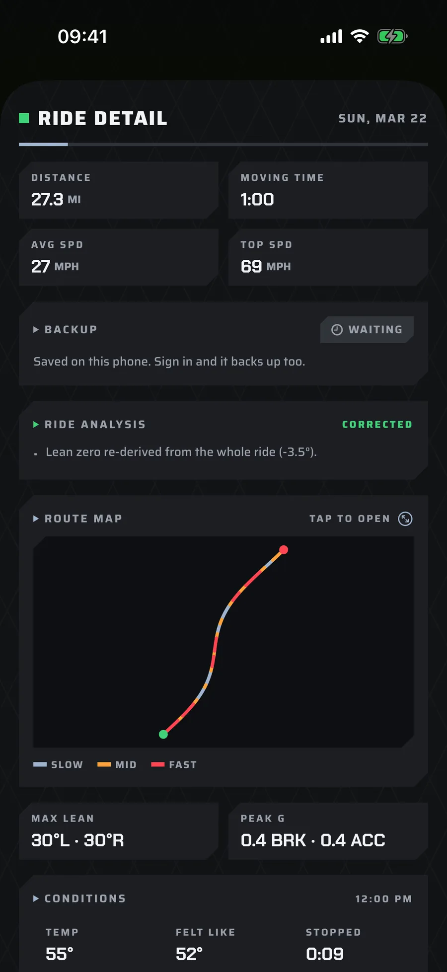 Screenshot — ride debrief summary